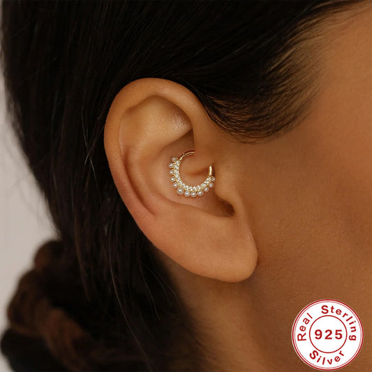 S925 Sterling Silver Double Row Rhinestone Pearl Ear Bone Stud