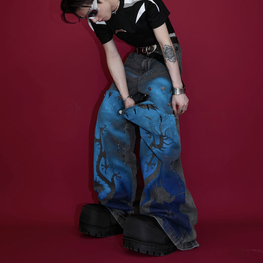 Retro Distressed Dragon-shape Inkjet Jeans