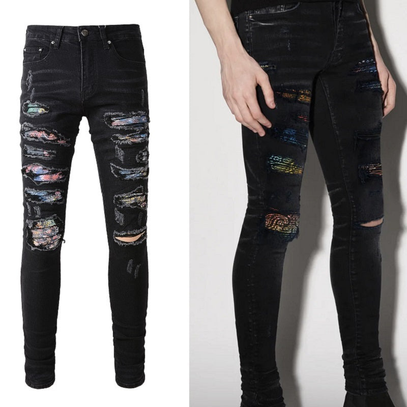 Men's Fashion Simple Print Patch Tattered Stretch Jeans