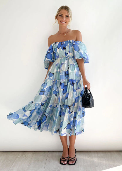 Women's Bubble Sleeve Vacation High Waist Off-shoulder Printing Dress