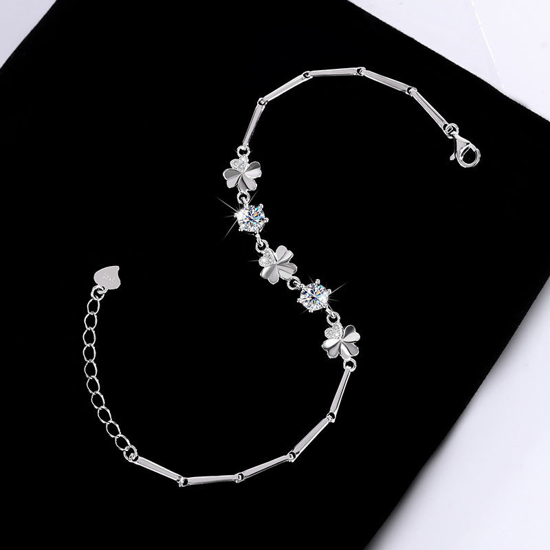 Sterling Silver Moissanite Four-leaf Clover Bracelet