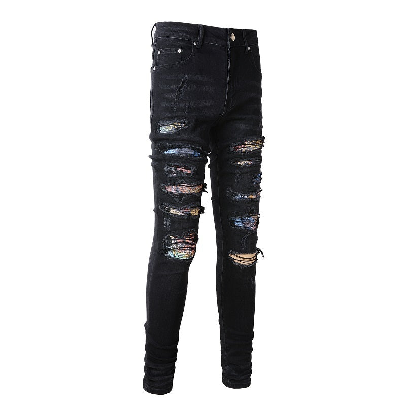 Men's Fashion Simple Print Patch Tattered Stretch Jeans