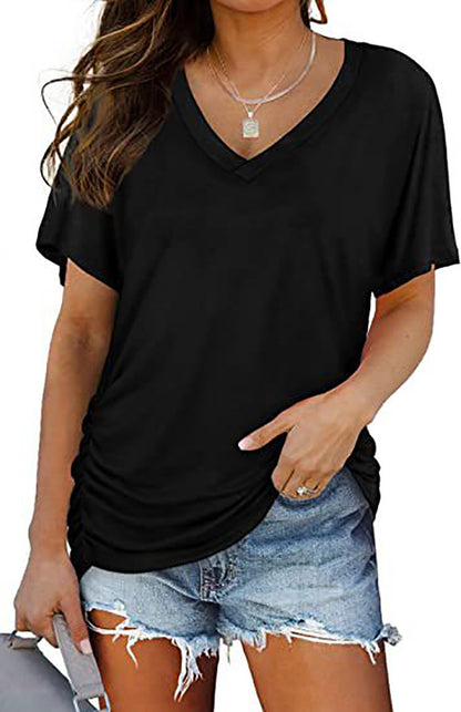 European And American T-shirt Solid Color Casual Loose-fitting V-neck Top