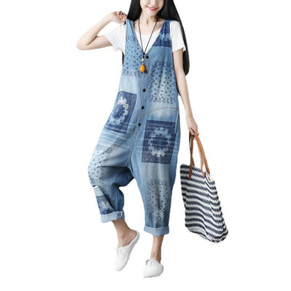 Sleeveless Washed Printed Plus Size Ripped Denim Suspender Pants