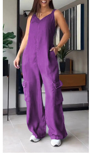 European And American Thin Jeans Wear Pocket V-neck Jumpsuit