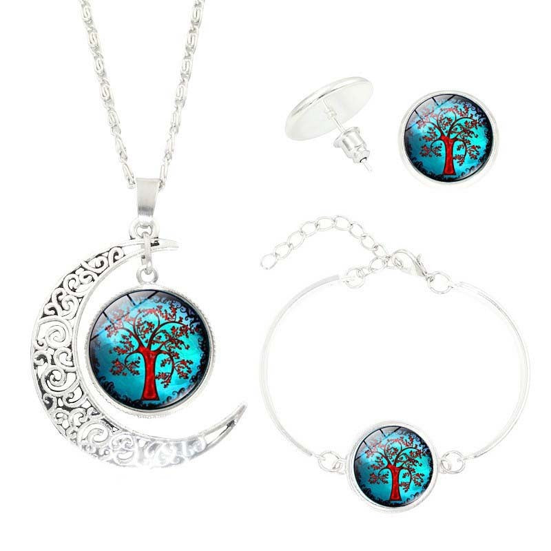 Tree of Life Time Gemstone Earrings Jewelry Necklace Set