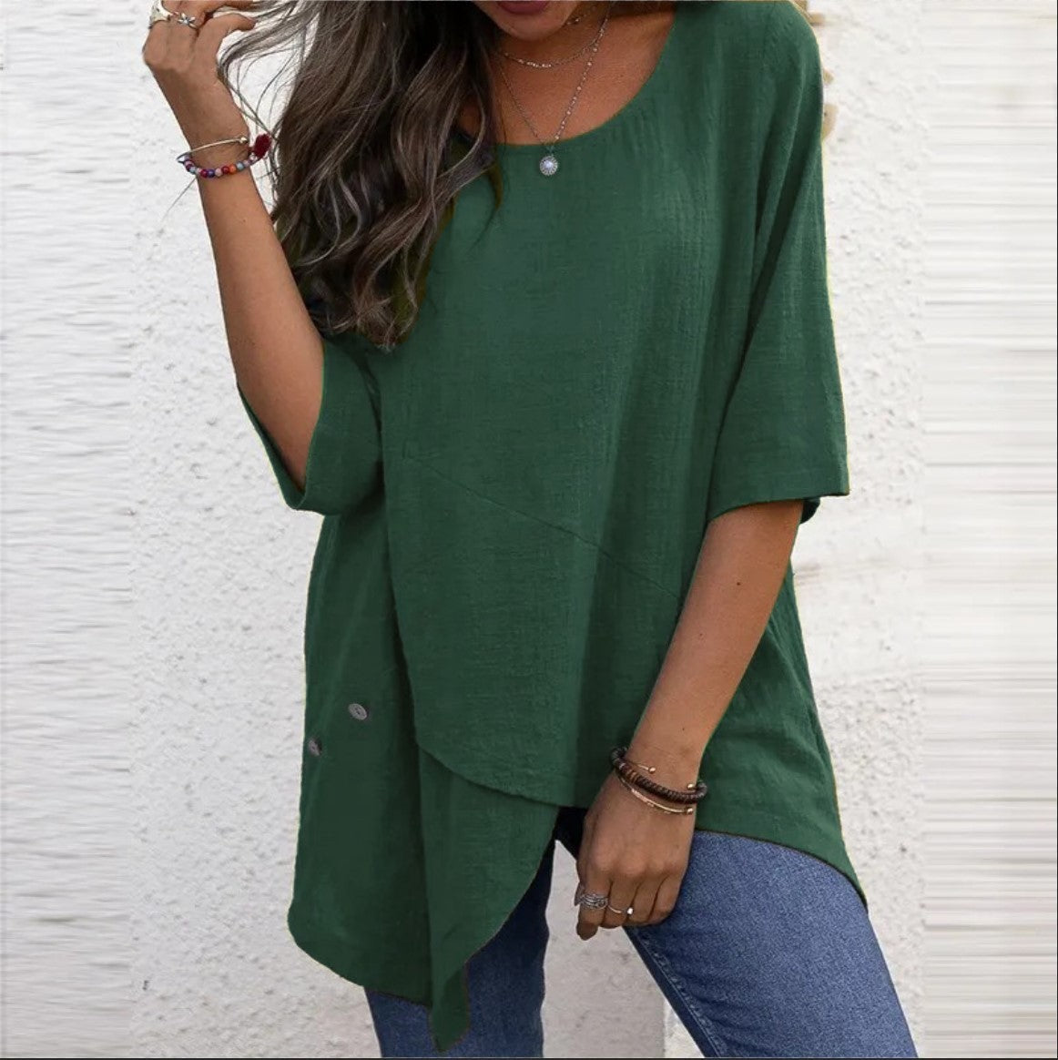 Cotton Linen Round-neck Irregular Shirt Half Sleeve Shirt