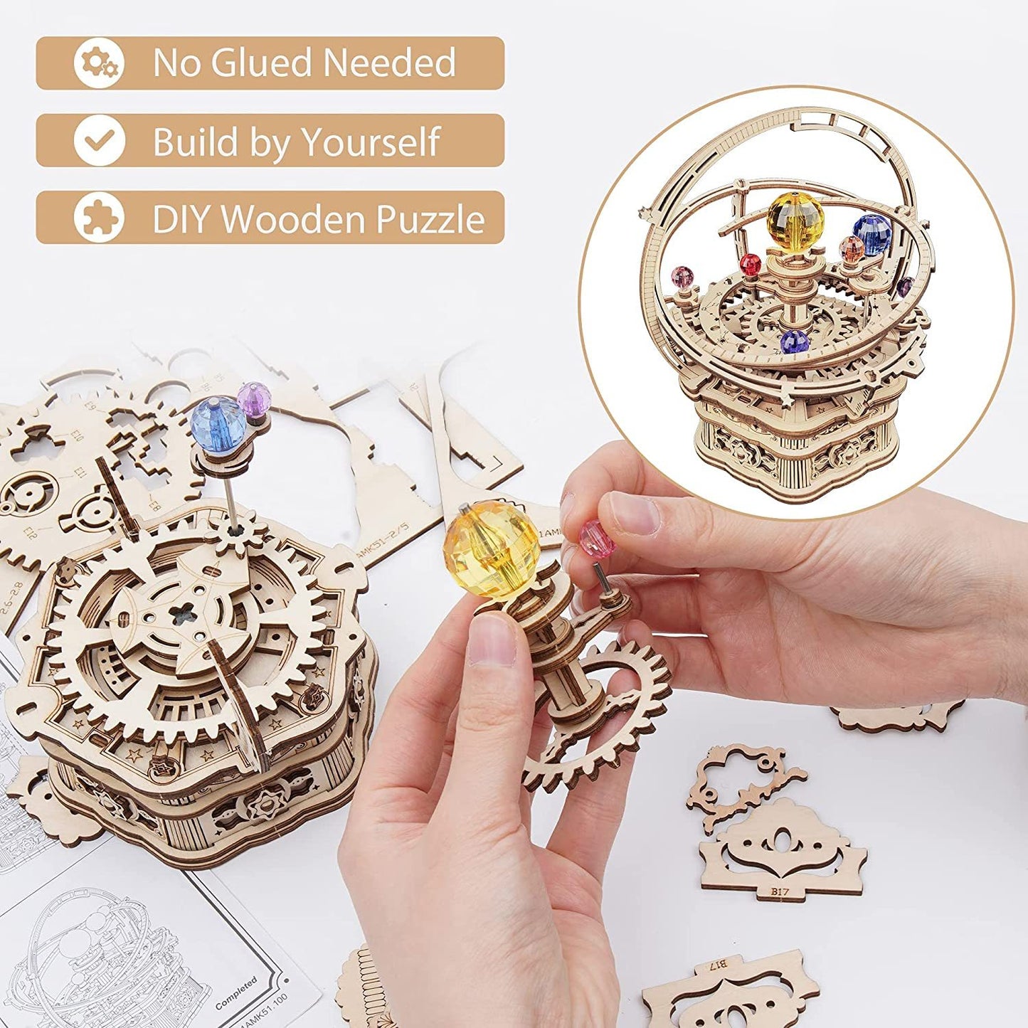 ROKR Rotating Starry Night Mechanical Music Box 3D Wooden Puzzle Assembly Model Building Kits Toys For Children Kids - AMK51