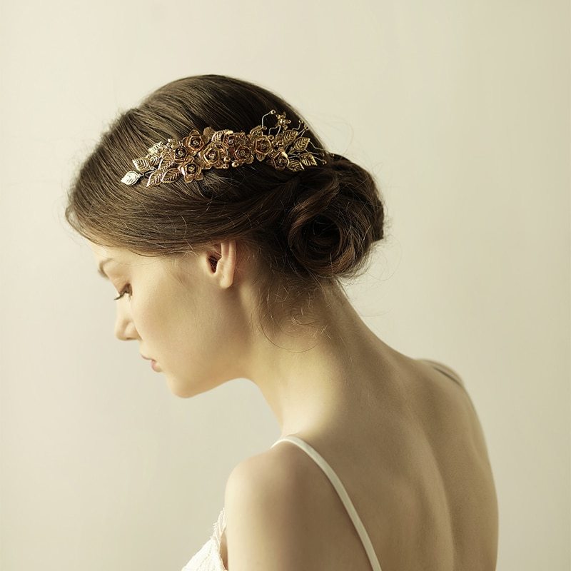 Brass Leaves And Flowers Handmade Pearl Crystal Bridal Hair Comb