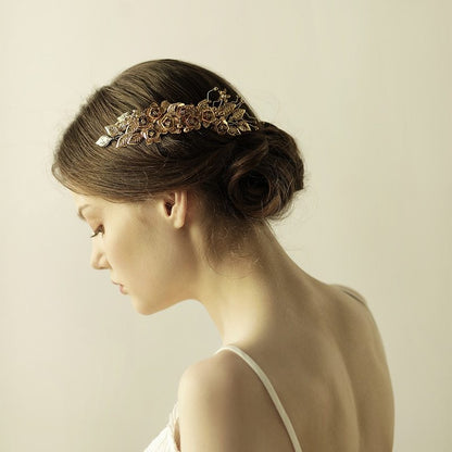 Brass Leaves And Flowers Handmade Pearl Crystal Bridal Hair Comb