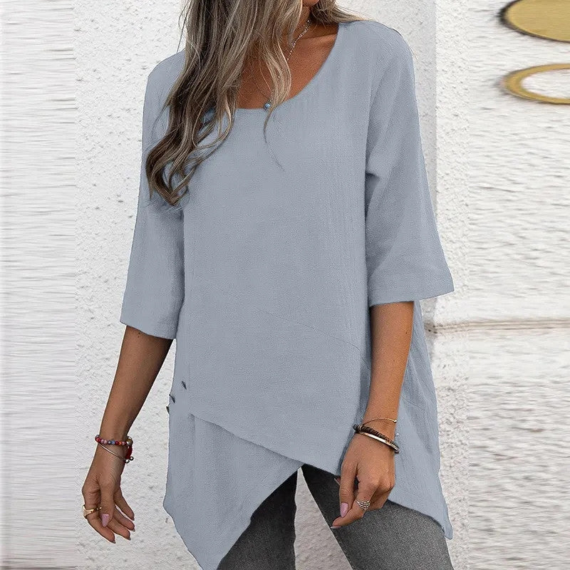 Cotton Linen Round-neck Irregular Shirt Half Sleeve Shirt