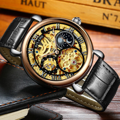 Gold Hollow Movement Men's Fashion Automatic Mechanical Watch Leather Business Men's Watch