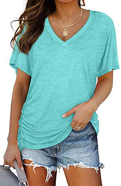 European And American T-shirt Solid Color Casual Loose-fitting V-neck Top