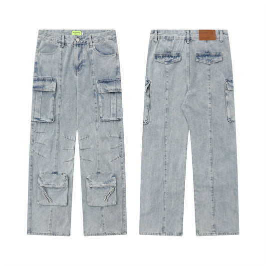 Washed Worn Jeans American Retro Wide Leg Straight Blue Loose-fitting Multi-pocket