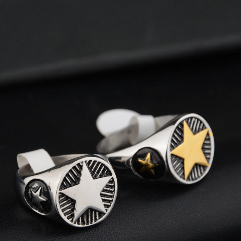 Five-pointed Star Round Brand Personality Titanium Steel Hip Hop Ring