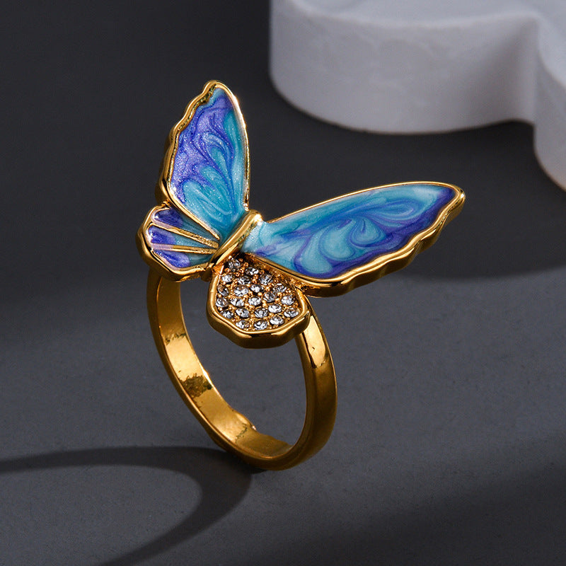 Retro Diamonds Oil Dripping Butterfly Ring