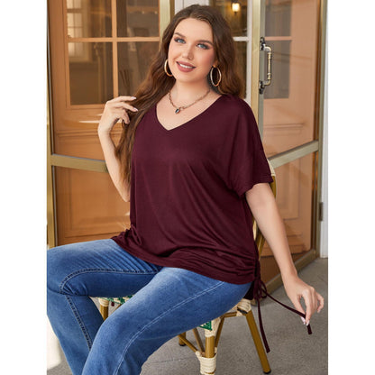 Plus Size Short-sleeved Top Women's Summer Solid Color Loose V-neck T-shirt Plump Girls