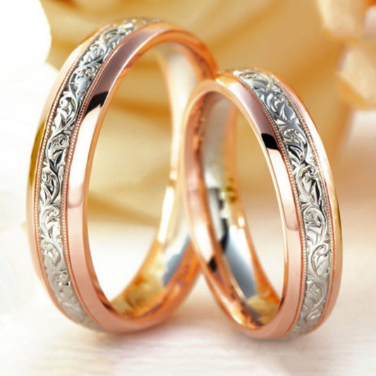 New Rose Flower Couple Ring European And American Rose Gold Plated Two-color Men's And Women's Wedding Ring