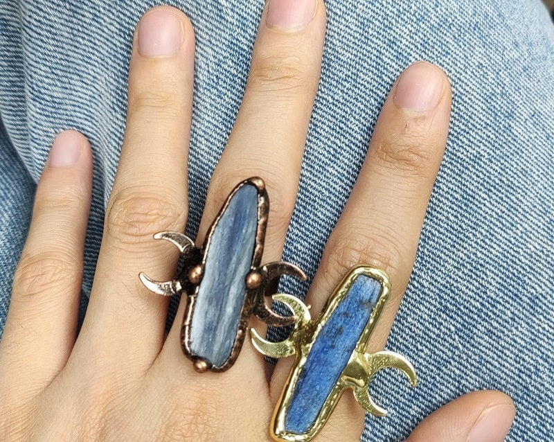 Natural Blue Unshaped Opening Adjustable Fashion Personality Double Moon Ring