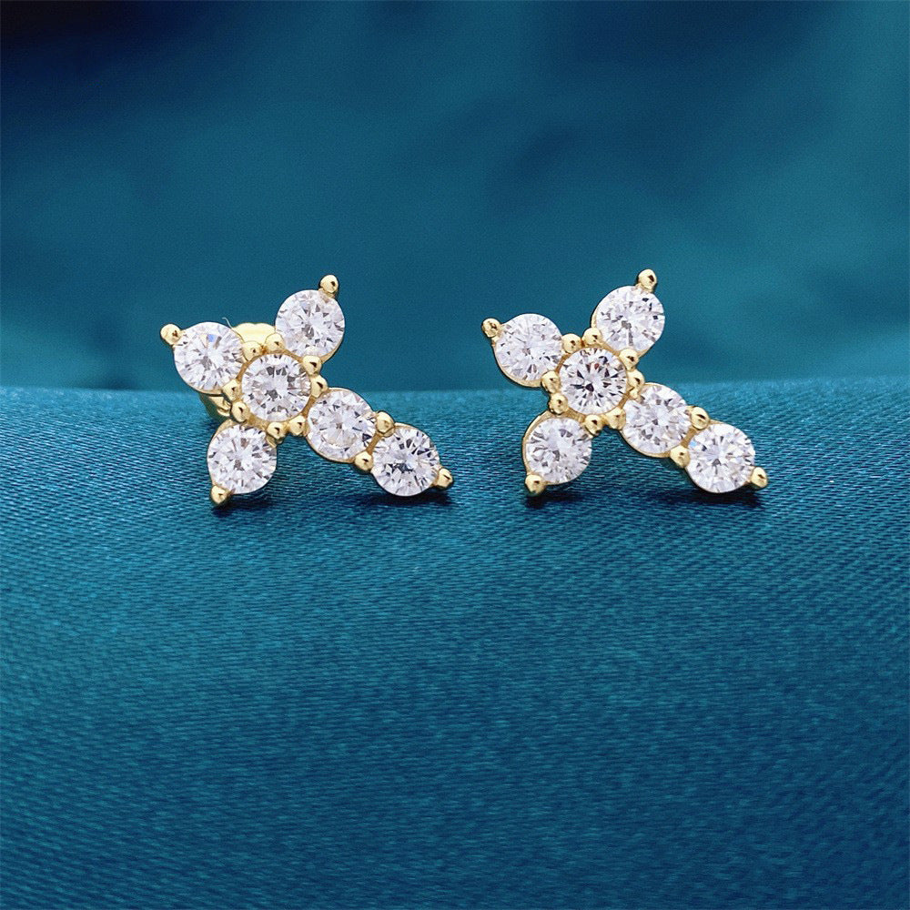 S925 Silver Inlaid Zircon Cross Ear Clip Male And Female Personality Stud Earrings