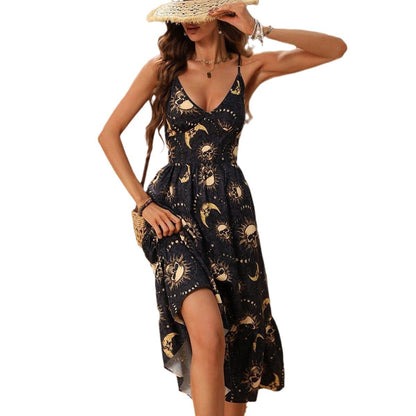 Lady Gothic Retro Dark Skull Bone Sun And Moon Print Dress