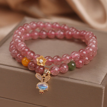 Natural Strawberry Quartz Double Ring Bracelet Female Special-interest Design Rabbit Pendant