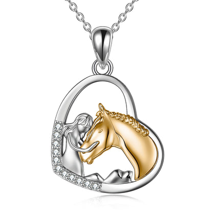 Sterling Silver Girls Embrace Horse Heart Pendant Necklace for Women Girls