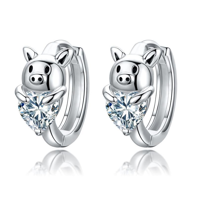 Hypoallergenic Cubic Zirconia Pig Small Cute Heart Huggie Hoop Earrings