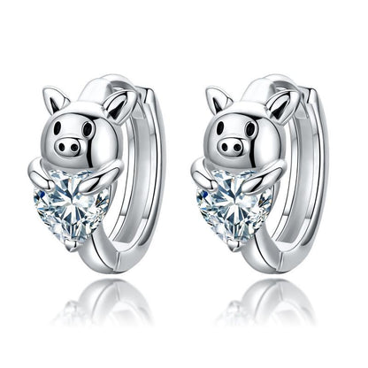 Hypoallergenic Cubic Zirconia Pig Small Cute Heart Huggie Hoop Earrings