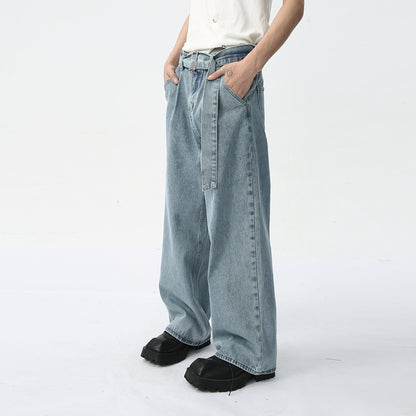 Men's Fashion Decorative Ribbon Elastic Waist Blue Jeans