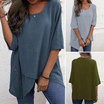 Cotton Linen Round-neck Irregular Shirt Half Sleeve Shirt