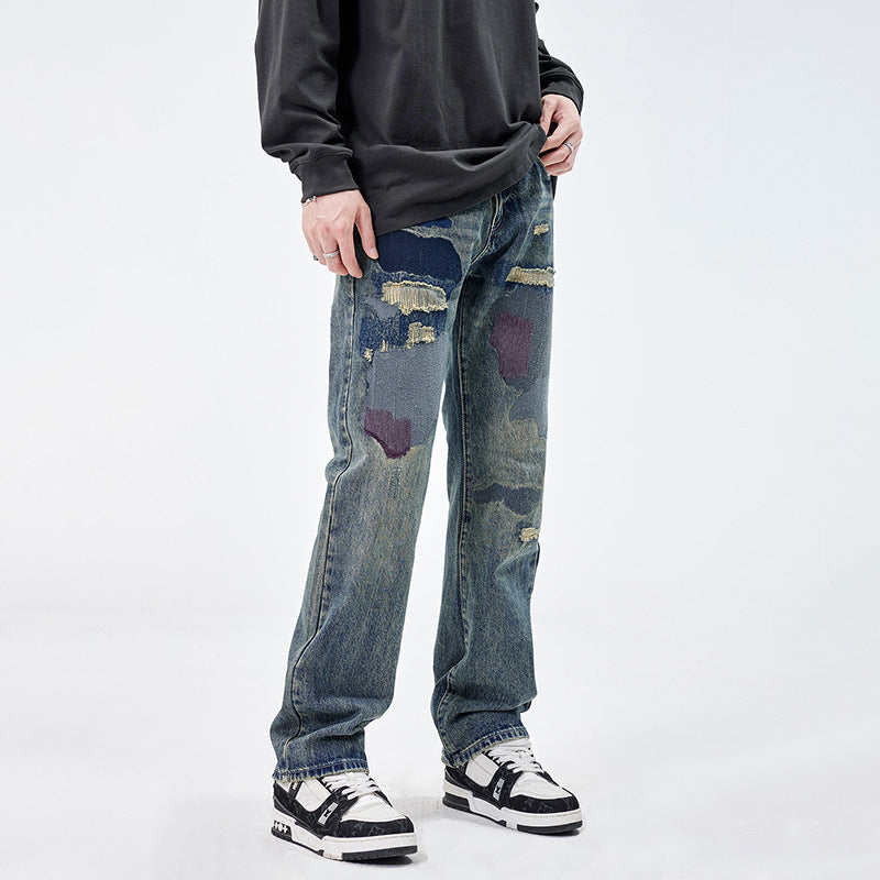 American Style Loose Broken Patch Straight Retro Denim Trousers Men