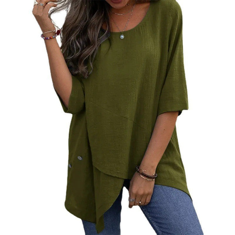 Cotton Linen Round-neck Irregular Shirt Half Sleeve Shirt