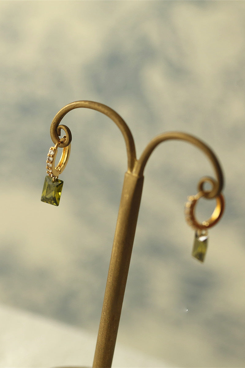 Olive Green Rectangular Rhinestone Earrings Women