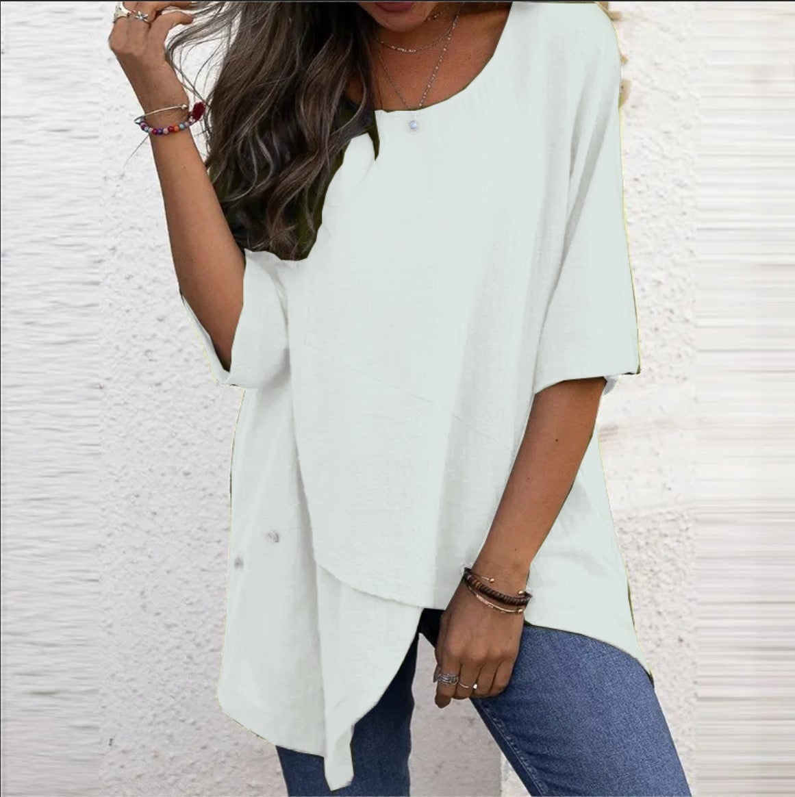 Cotton Linen Round-neck Irregular Shirt Half Sleeve Shirt