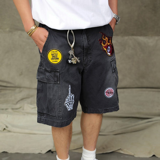 Vintage Worn Looking Washed-out Embroidered Cargo Shorts