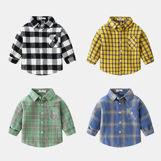 Boys new plaid car lapel long sleeve shirt