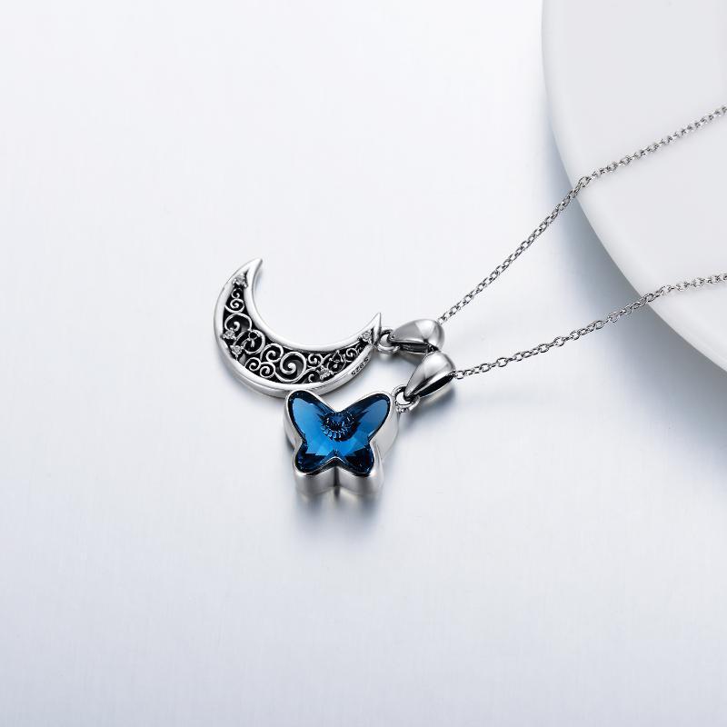 Sterling Silver Urn Crescent Moon Cremation Memorial Pendant with Blue Butterfly Necklace