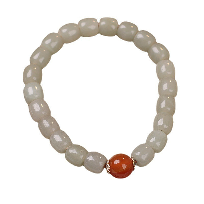 Ethnic Style Lucky Natural Hetian Jade Barrel Shaped Bead Bracelet