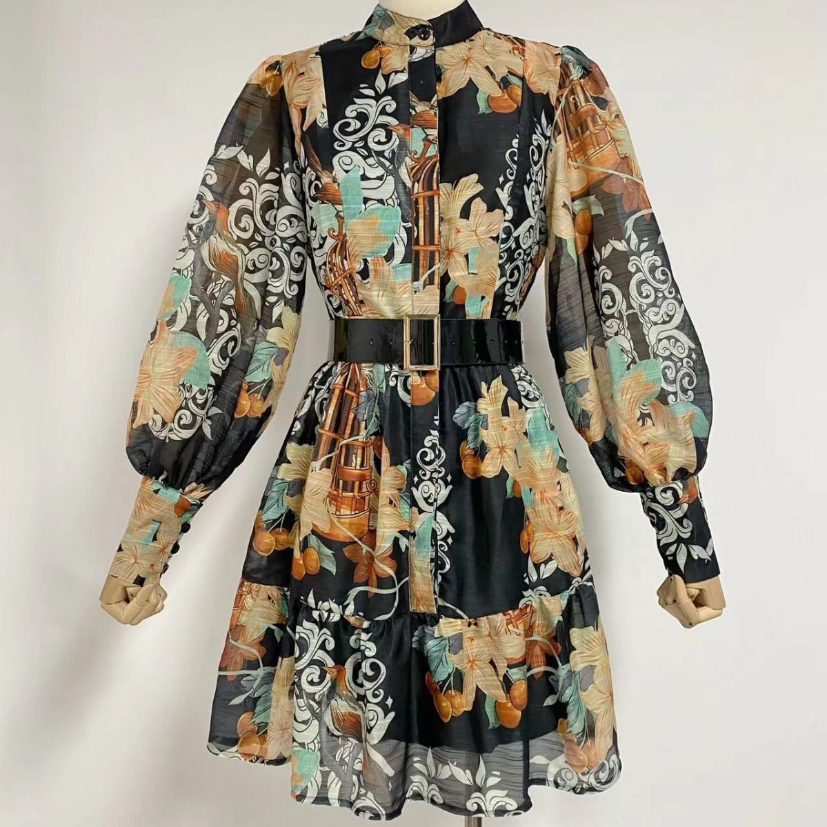 Australian Niche Vintage Printing Stand-up Collar Puff Sleeve Dress