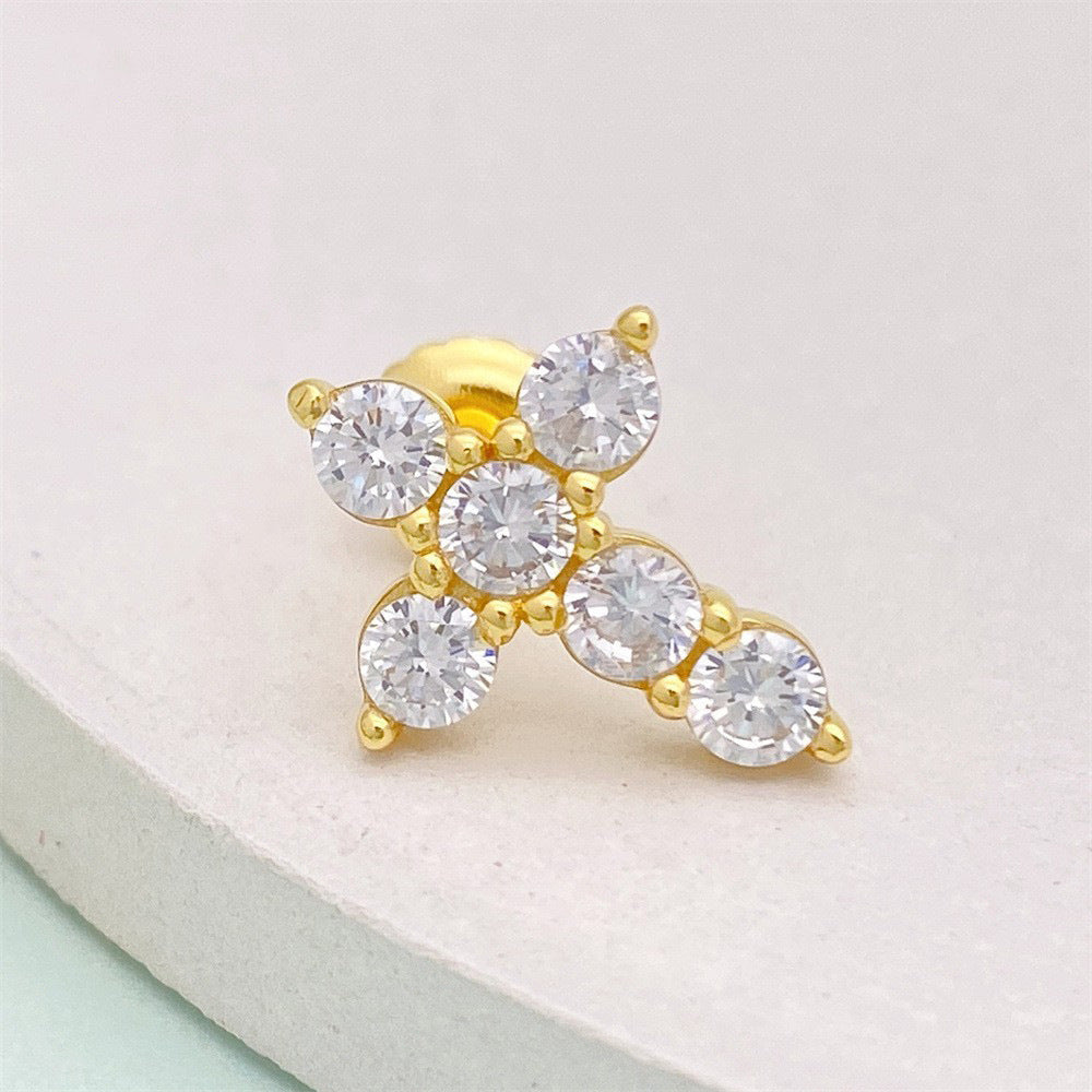 S925 Silver Inlaid Zircon Cross Ear Clip Male And Female Personality Stud Earrings