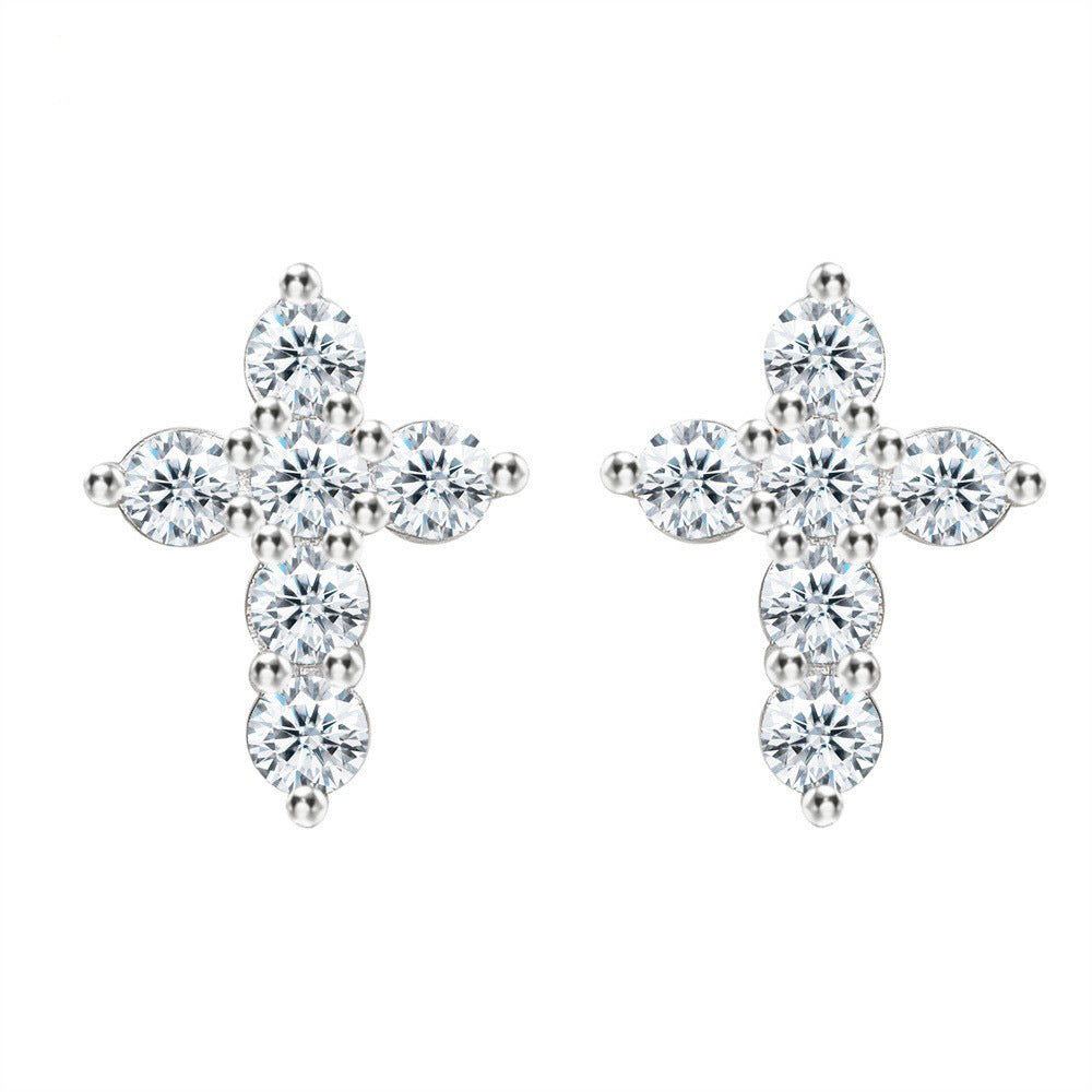 S925 Silver Inlaid Zircon Cross Ear Clip Male And Female Personality Stud Earrings