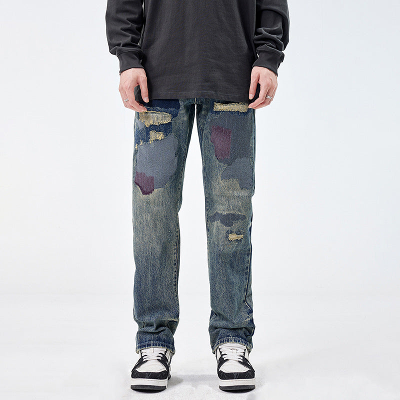 American Style Loose Broken Patch Straight Retro Denim Trousers Men