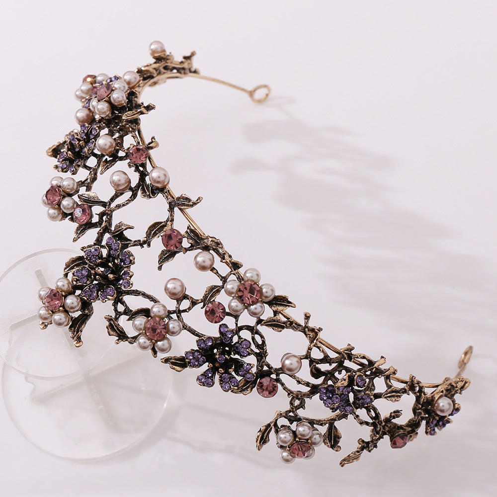 Floral Black Diamond Pearl Baroque Bridal Crown Wedding Tiara Accessories