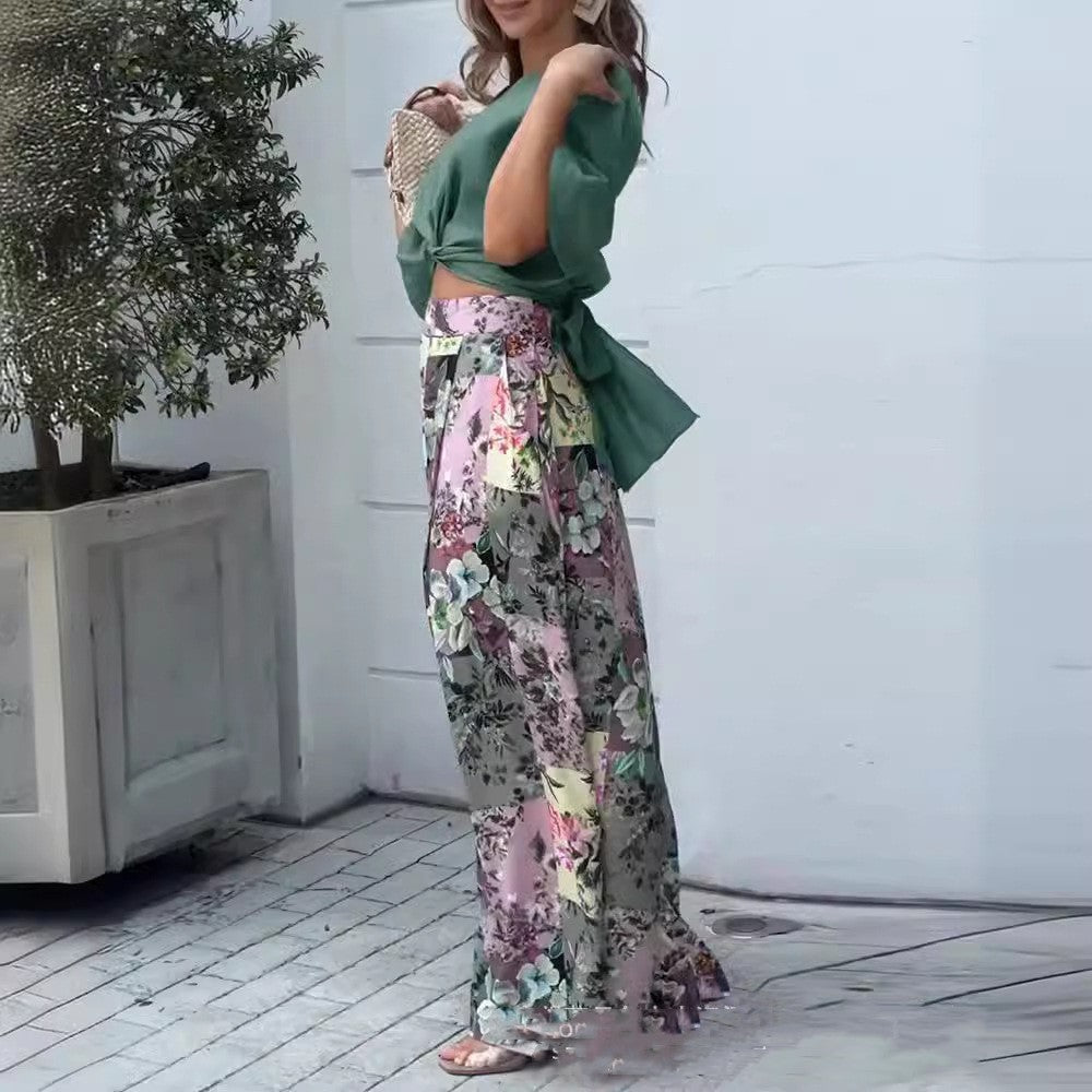 Short Button Top Suit Full-body Floral Wide-leg Trousers