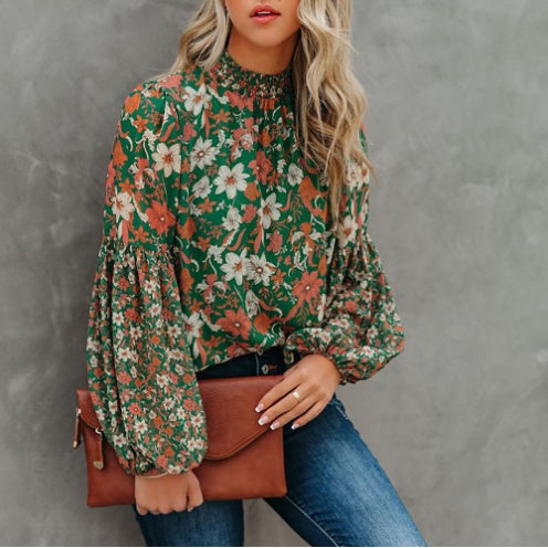 Printed Lantern Long Sleeve Loose Casual Shirt