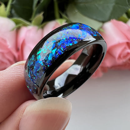 8mm Inlaid Blue And Green Ornamental Stone Pieces Tungsten Ring