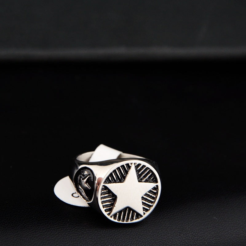 Five-pointed Star Round Brand Personality Titanium Steel Hip Hop Ring