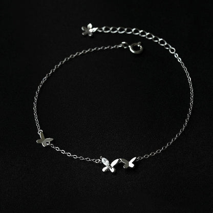 S925 Sterling Silver Butterfly Zircon Anklet Flower Tassel