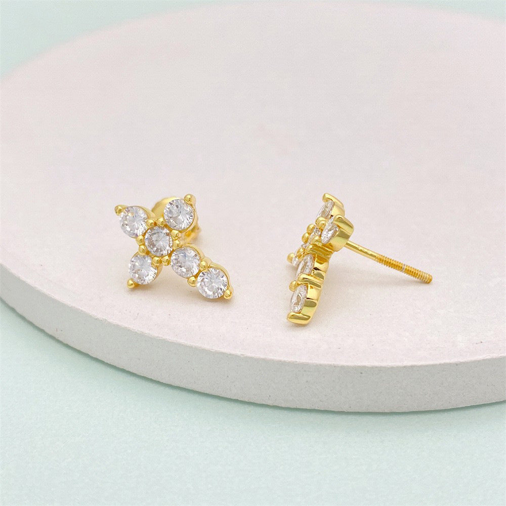 S925 Silver Inlaid Zircon Cross Ear Clip Male And Female Personality Stud Earrings